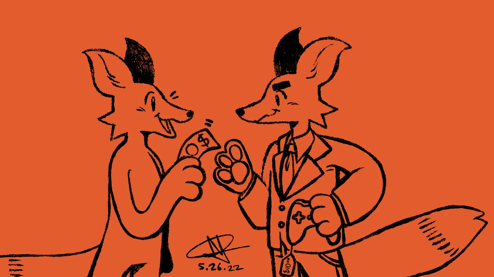 Fox Day 86: A fox giving a salesman fox money in exchange for a video game controller.