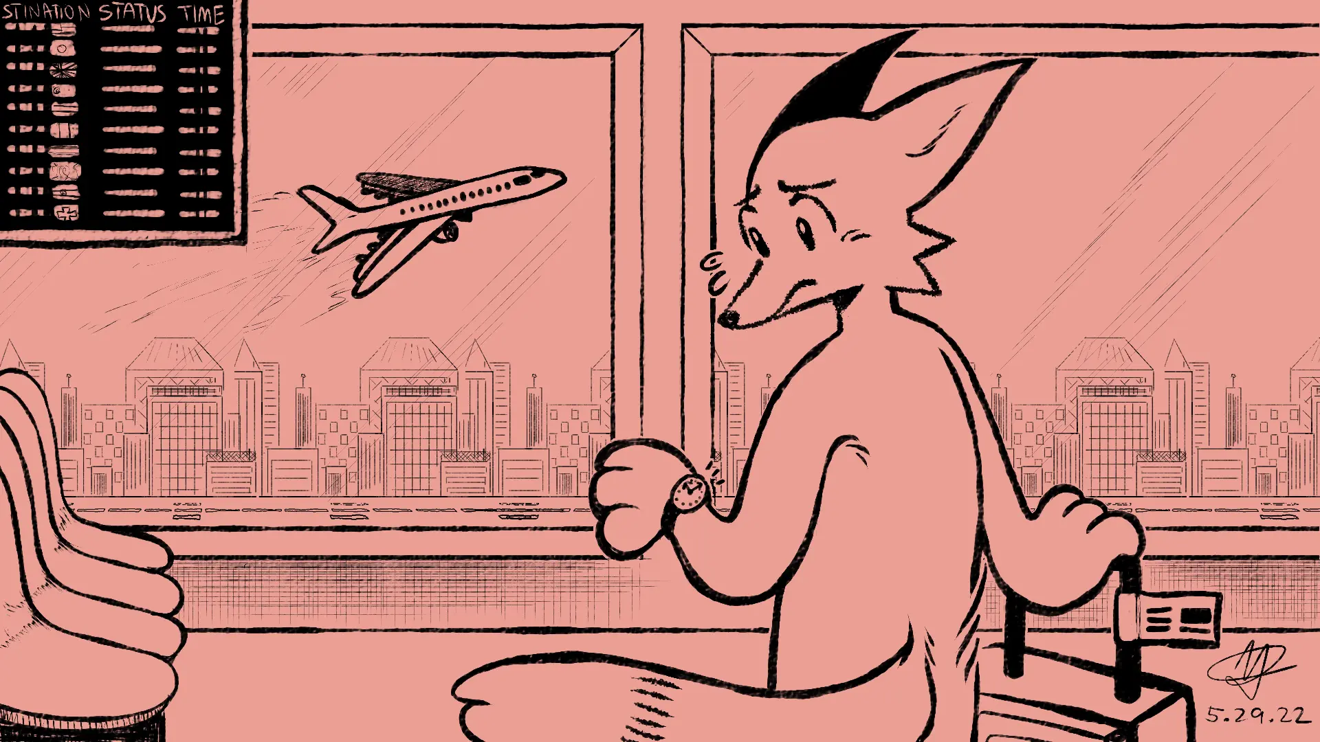 Fox Day 89: A fox worriedly looking at his watch at the airport, having learned his flight has been delayed.