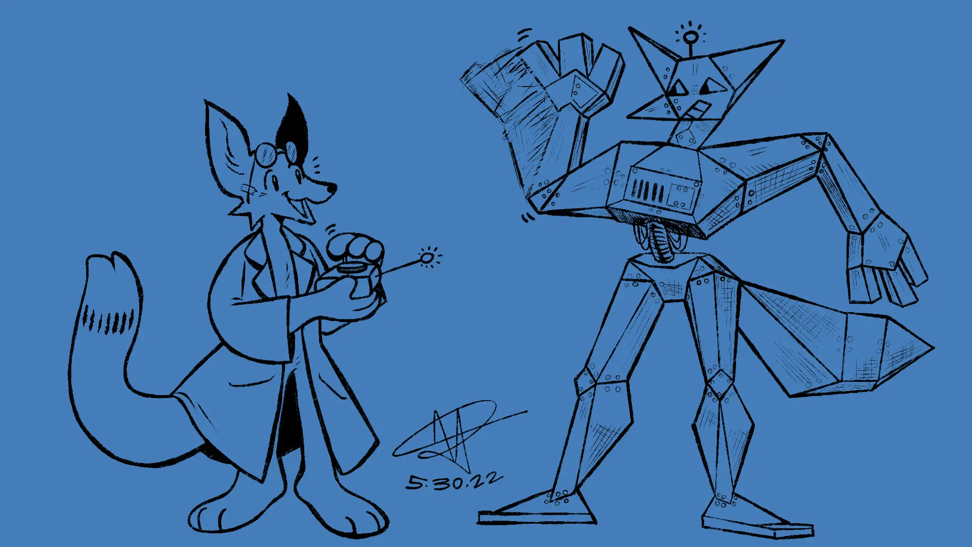 Fox Day 90: A scientist fox using a remote control to operate a humanoid fox robot.