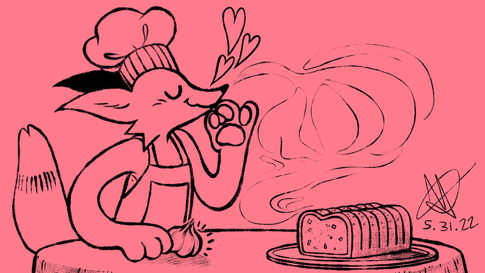 Fox Day 91: A fox blowing a chef's kiss over a freshly baked loaf of garlic bread.