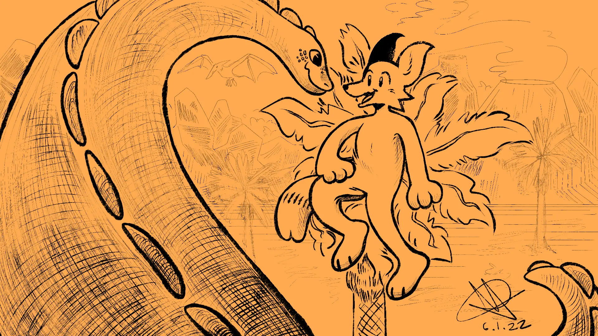 Fox Day 92: A fox who has travelled to the past meeting a brachiosaurus-like dinosaur.
