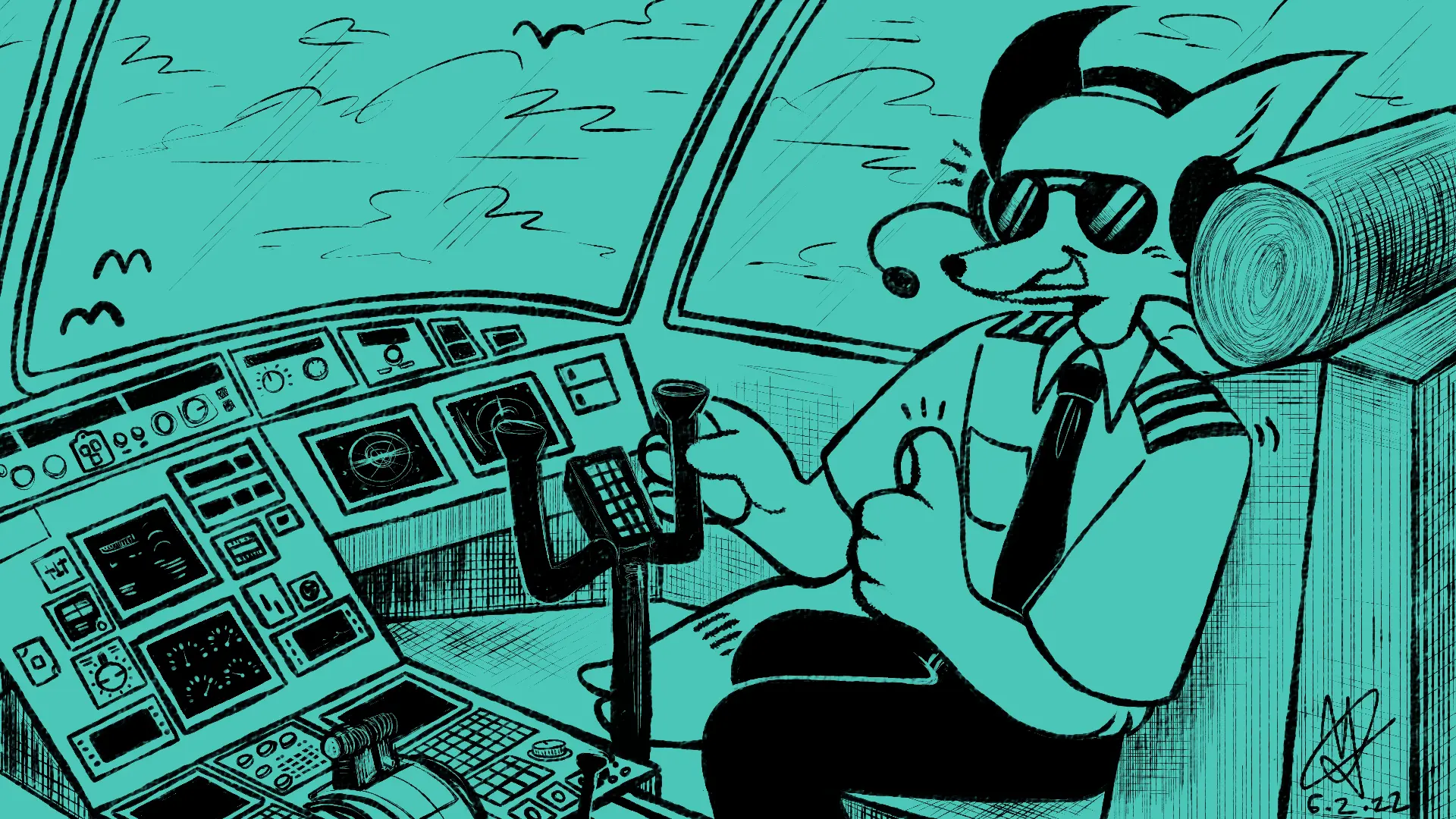 Fox Day 93: A pilot fox giving a thumbs up as he flies a plane.