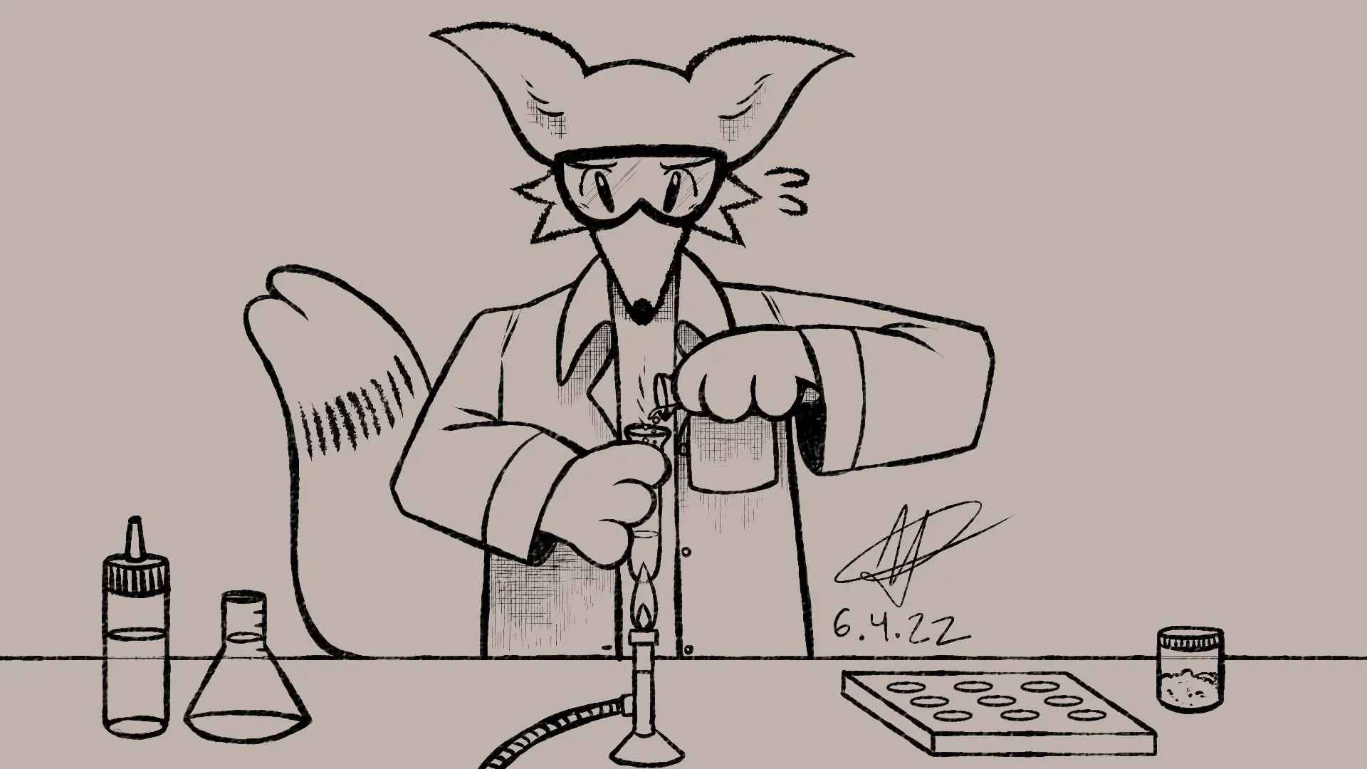 Fox Day 95: A scientist fox combining test tubes of chemicals over a bunsen burner.