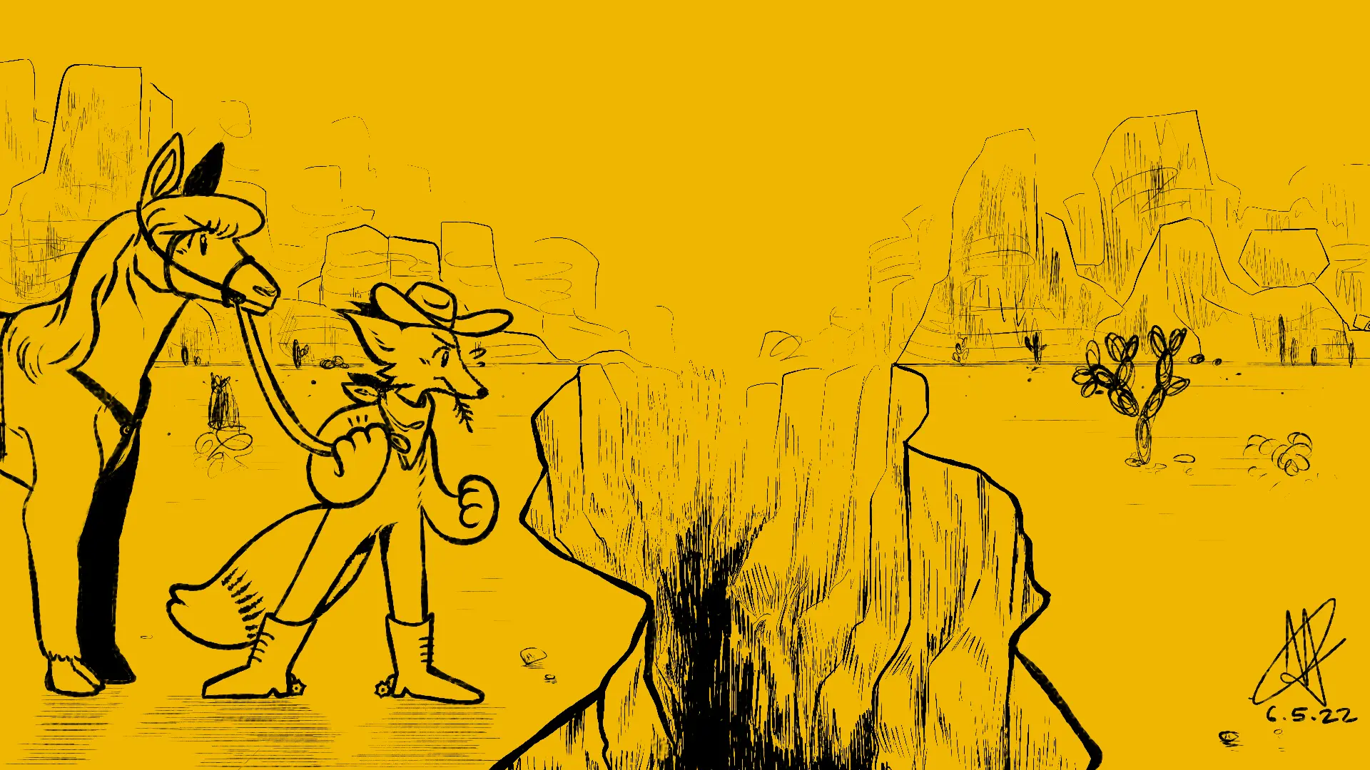 Fox Day 96: A cowboy fox and his horse stopped at a large crevasse in the ground.