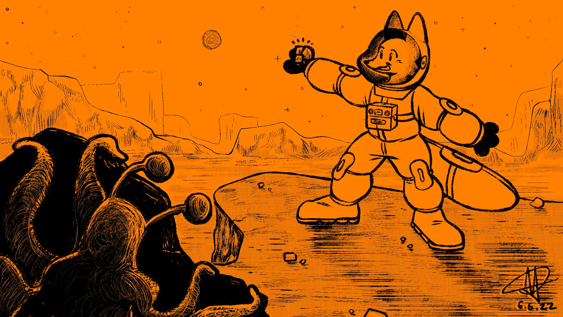 Fox Day 97: An astronaut fox on Mars, proudly holding up some of the rocks and soil while an alien watches from behind a boulder.