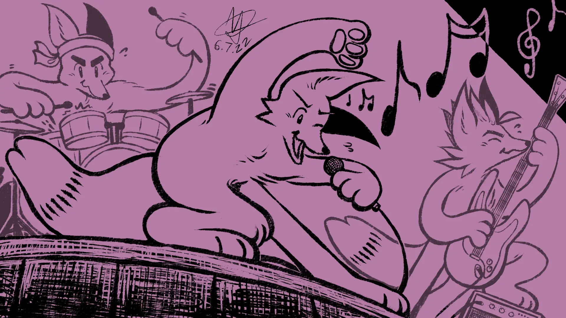Fox Day 98: A band of 3 foxes singing and playing on a concert stage.
