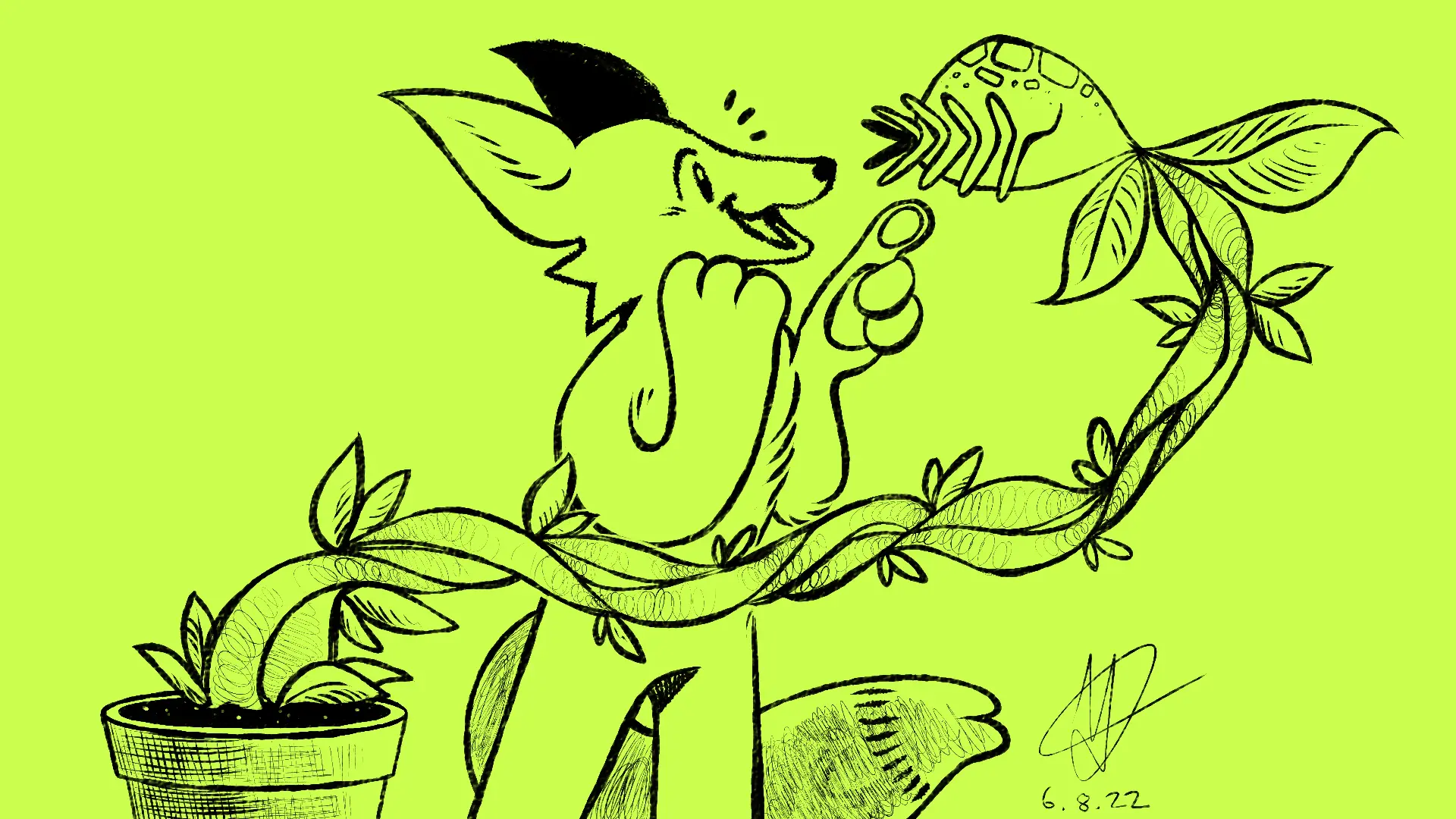 Fox Day 99: A fox smiles and points to a large carnivorous plant that is winding around him.