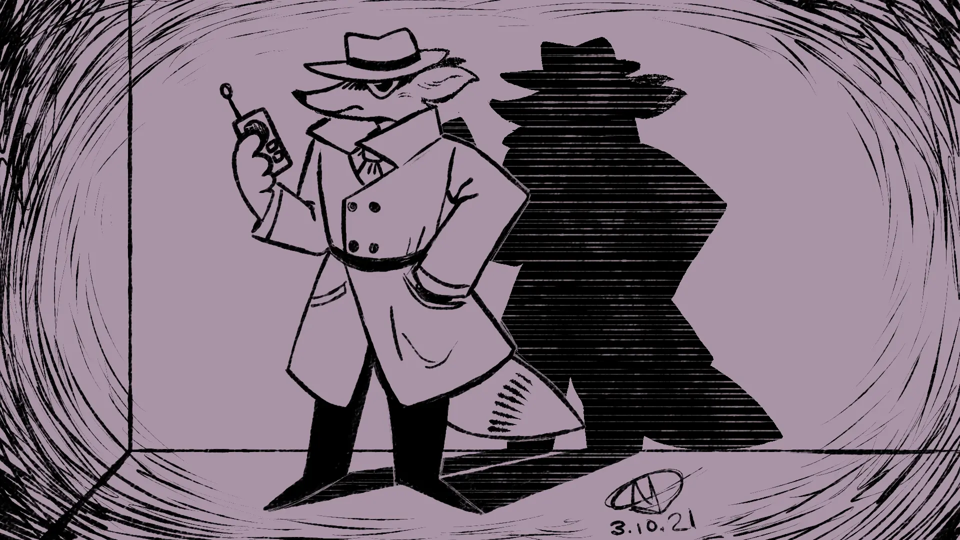Fox Day 9: A secret agent fox holding a walkie talkie, lit up by a bright flashlight.