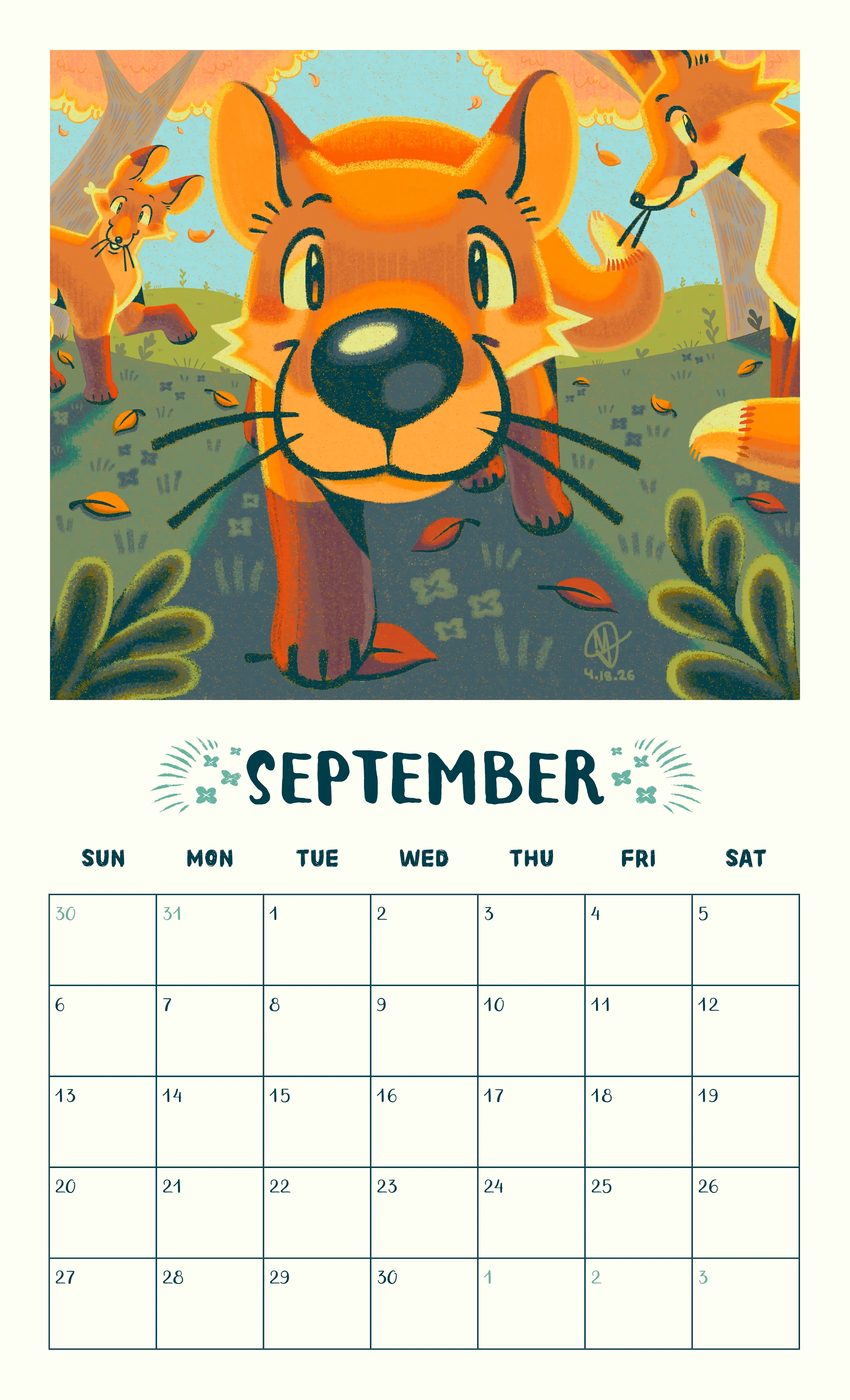 The layout of the illustration on the actual calendar spread for September 2026.