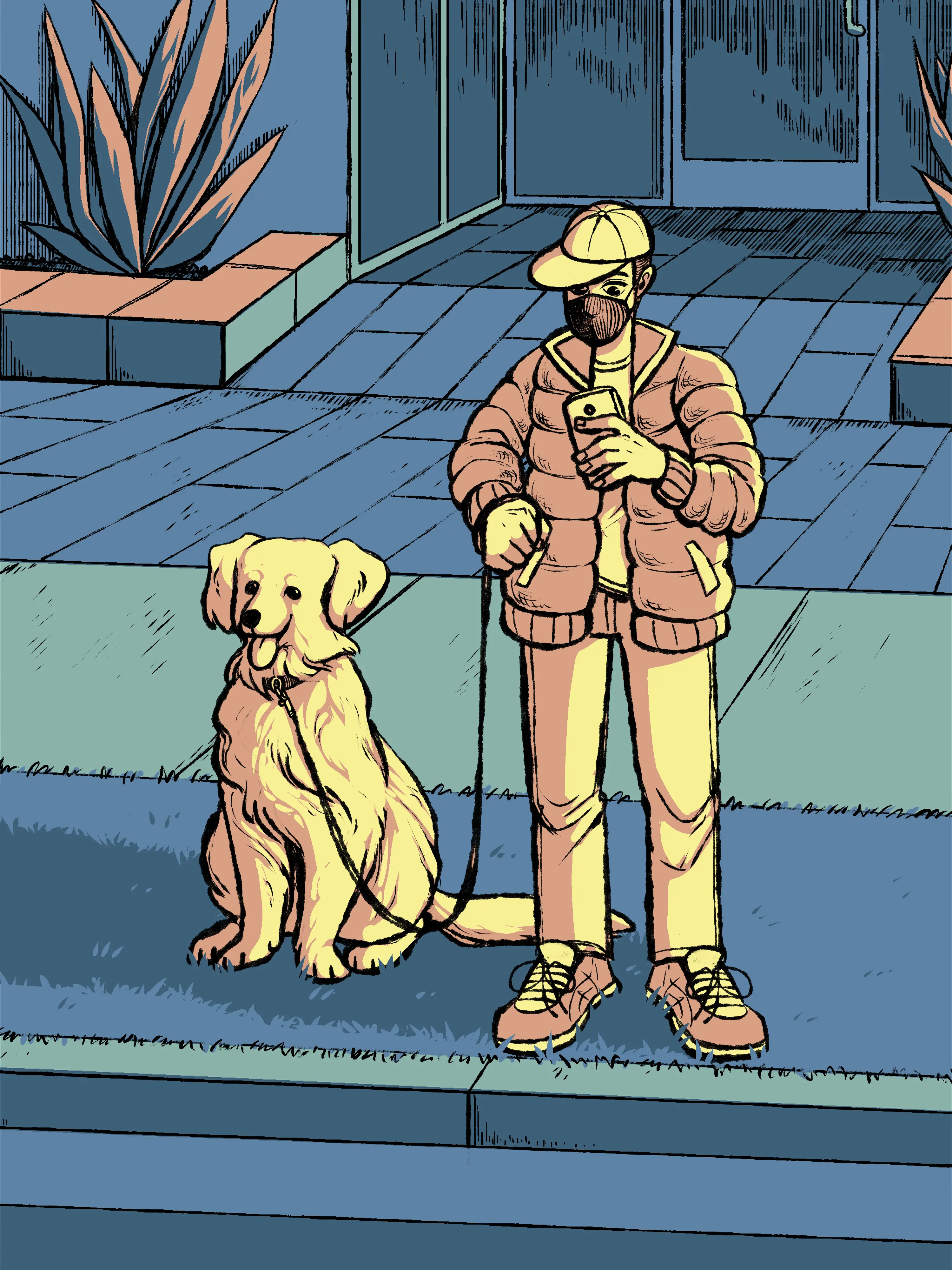 A man on his phone waiting on the sidewalk lawn with a large dog. They are outside an apartment complex lobby, with succulents by the entrance.