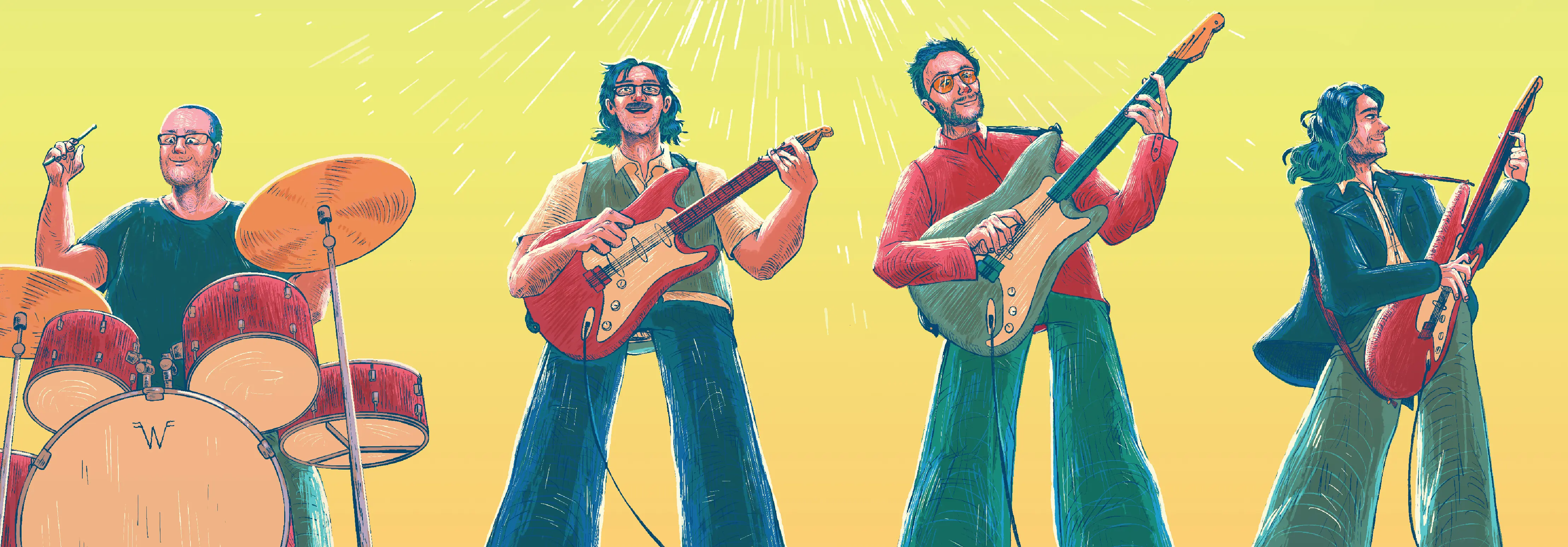 Detail shot of the four members of Weezer playing their instruments.