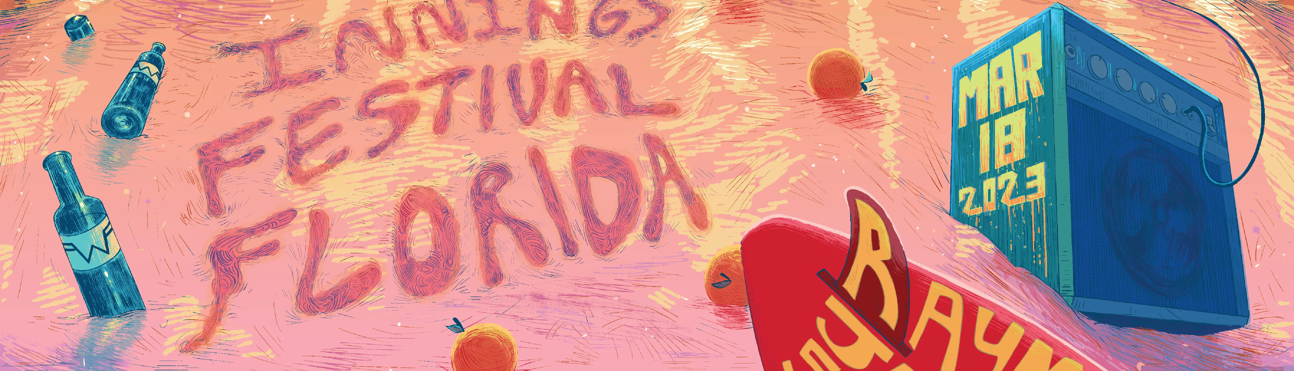 Detail shot of the sand, with oranges and beer bottles as well as a speaker and surfboard scattered around.