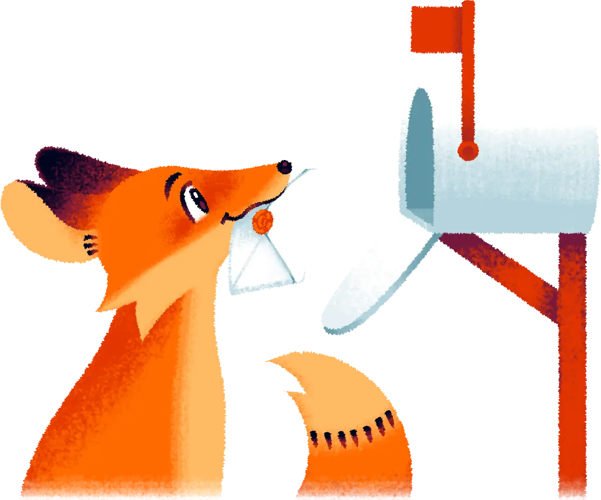 A fox holding a letter in his mouth, about to put it in a mailbox.